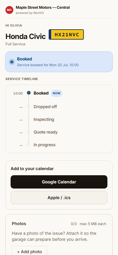 The real RevIXO customer page opened from the confirmation text, showing the Honda Civic booked for Monday 20 July at 10:00.