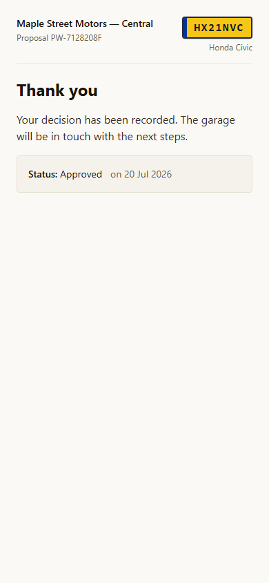 The real mobile RevIXO signed-link receipt confirming that Olivia's decision was recorded with status Approved.