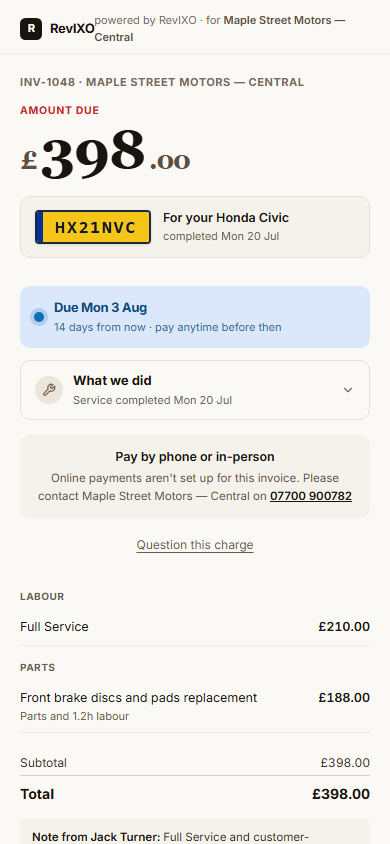 The real mobile RevIXO invoice page for Olivia showing £398 due for the Full Service and approved brake work.
