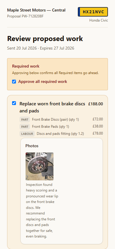 The real mobile RevIXO proposal page showing the worn front brake-disc photo, the £188 brake repair selected and the £104.50 battery replacement left unselected.