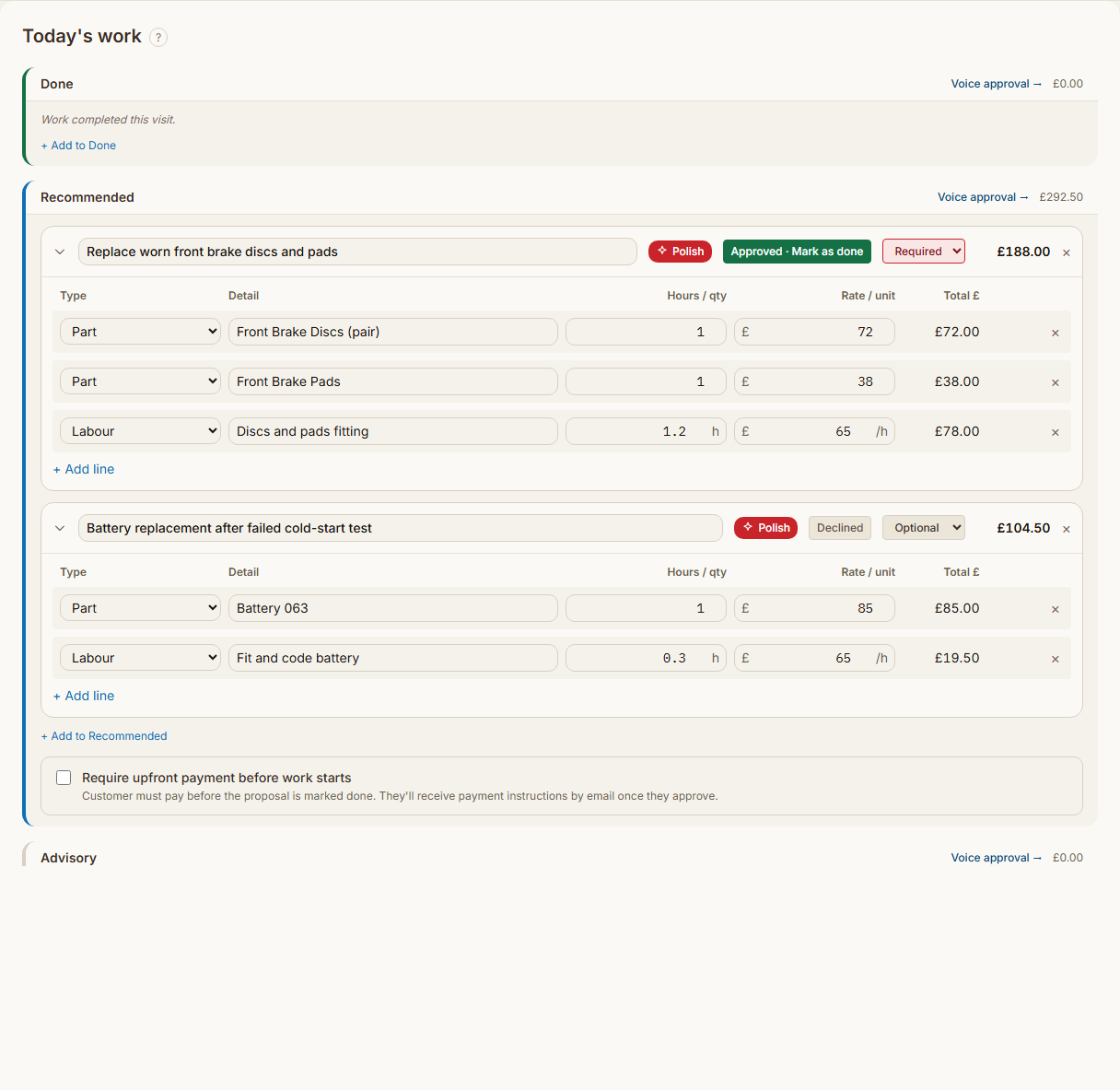 The real RevIXO completion panel showing the £188 brake item Approved and the £104.50 battery replacement Declined.