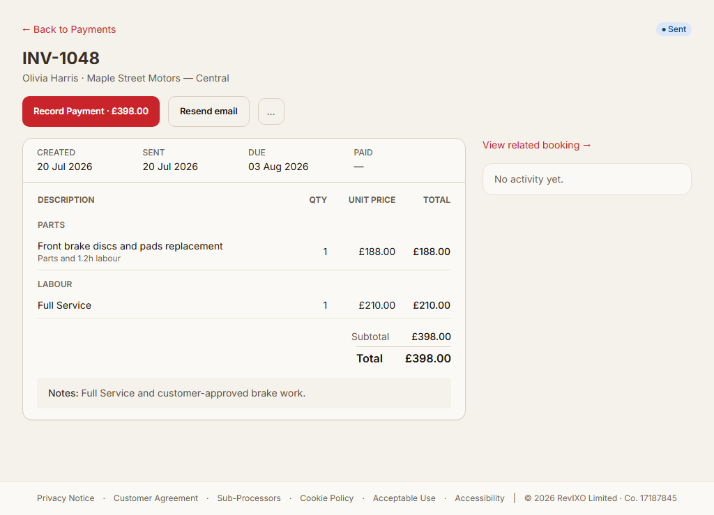 The real RevIXO staff invoice INV-1048 for Olivia Harris, marked Sent, with a £398 total.