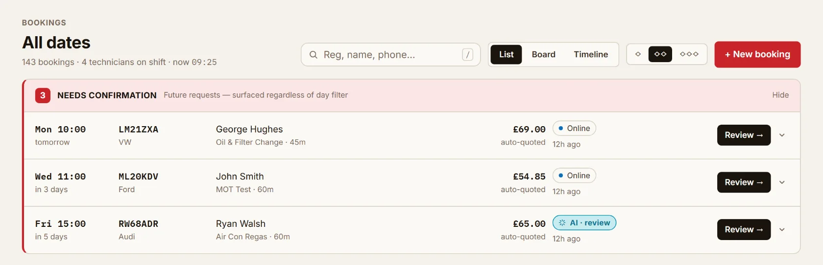 Bookings list showing the confirmation queue, including an AI-taken request marked AI · review