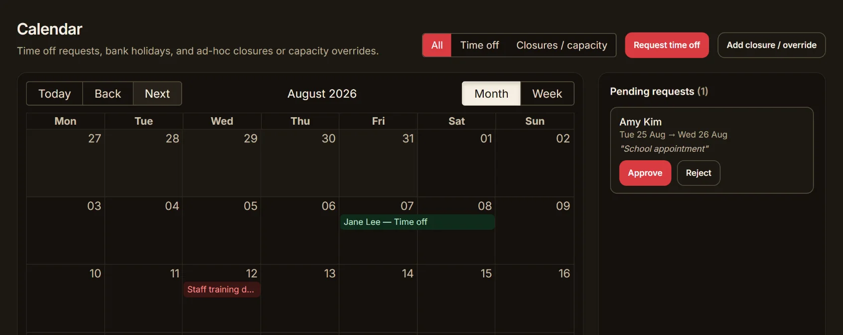 Calendar showing closures, capacity overrides, a bank holiday and a pending staff time-off request awaiting approval