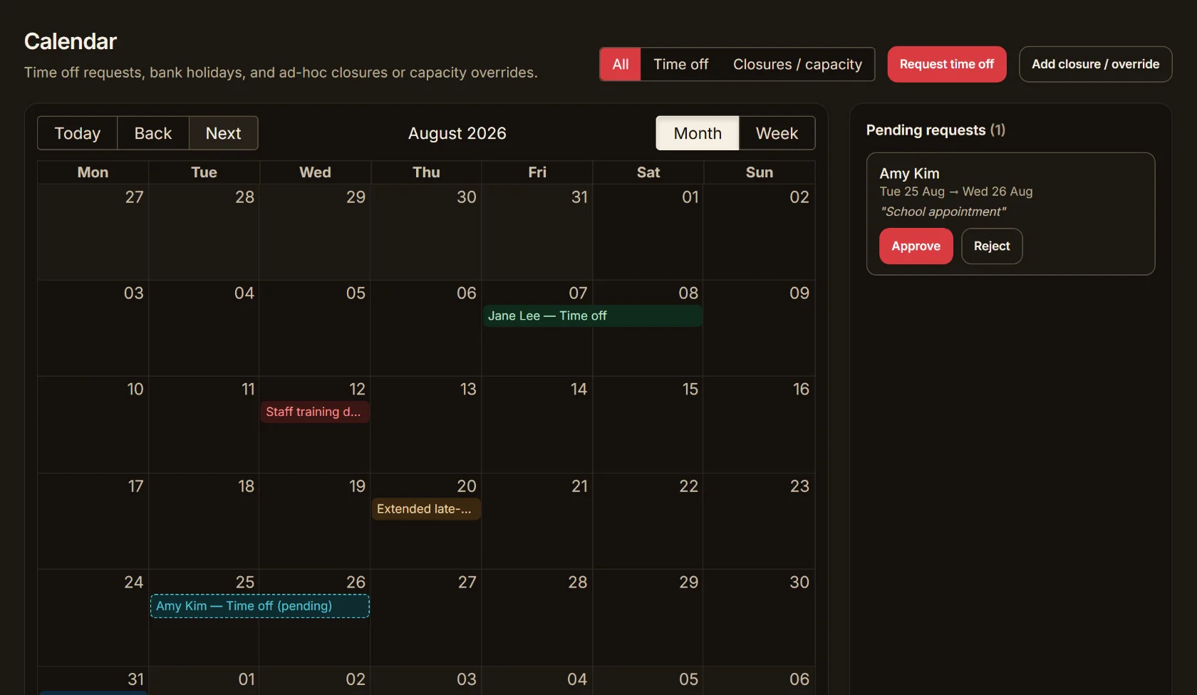 Calendar showing closures, capacity overrides, a bank holiday and a pending staff time-off request awaiting approval