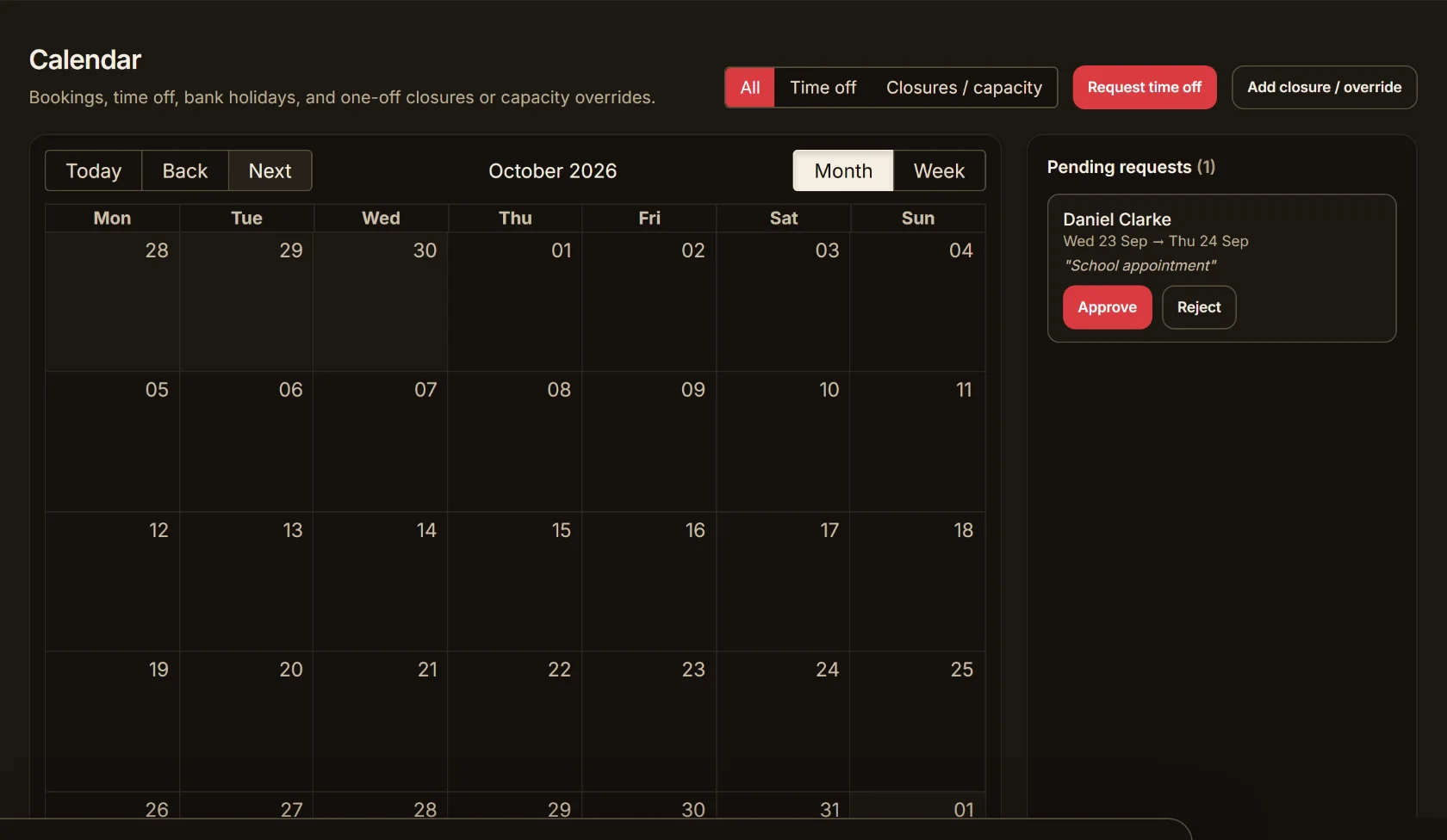 Calendar showing closures, capacity overrides, a bank holiday and a pending staff time-off request awaiting approval