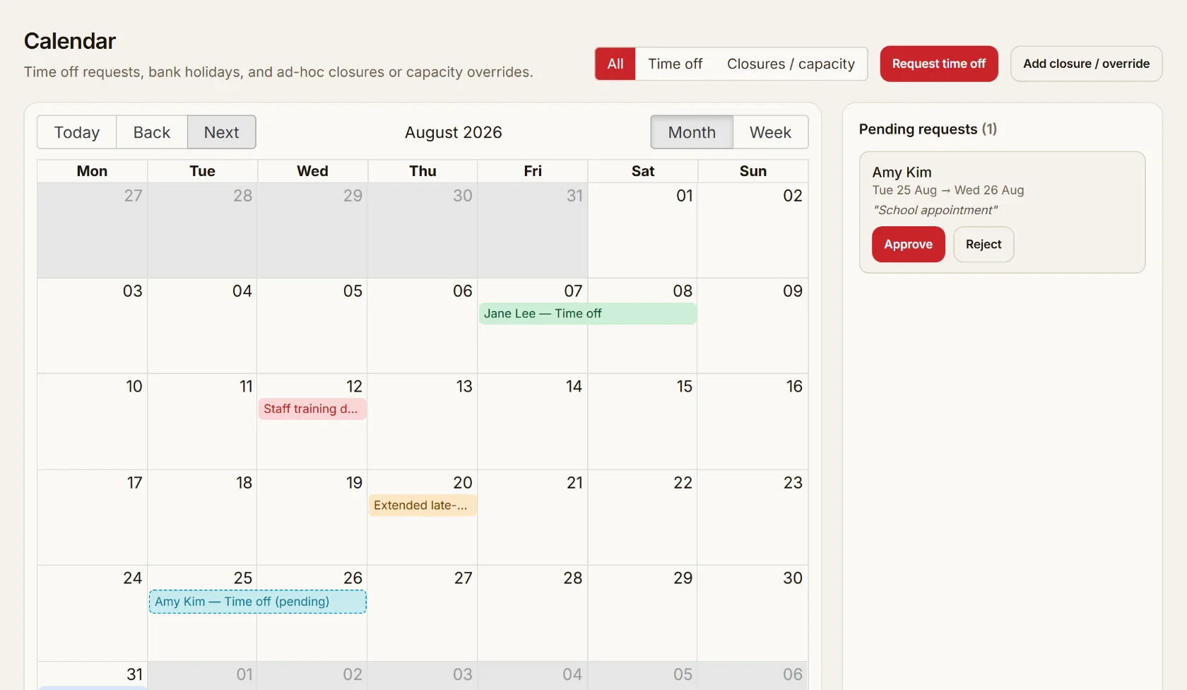 Calendar showing closures, capacity overrides, a bank holiday and a pending staff time-off request awaiting approval