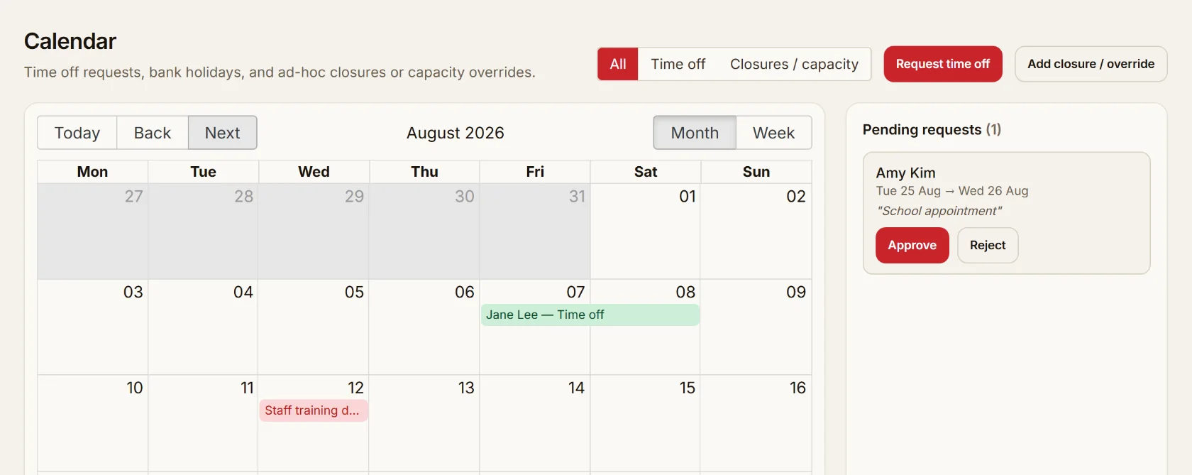 Calendar showing closures, capacity overrides, a bank holiday and a pending staff time-off request awaiting approval
