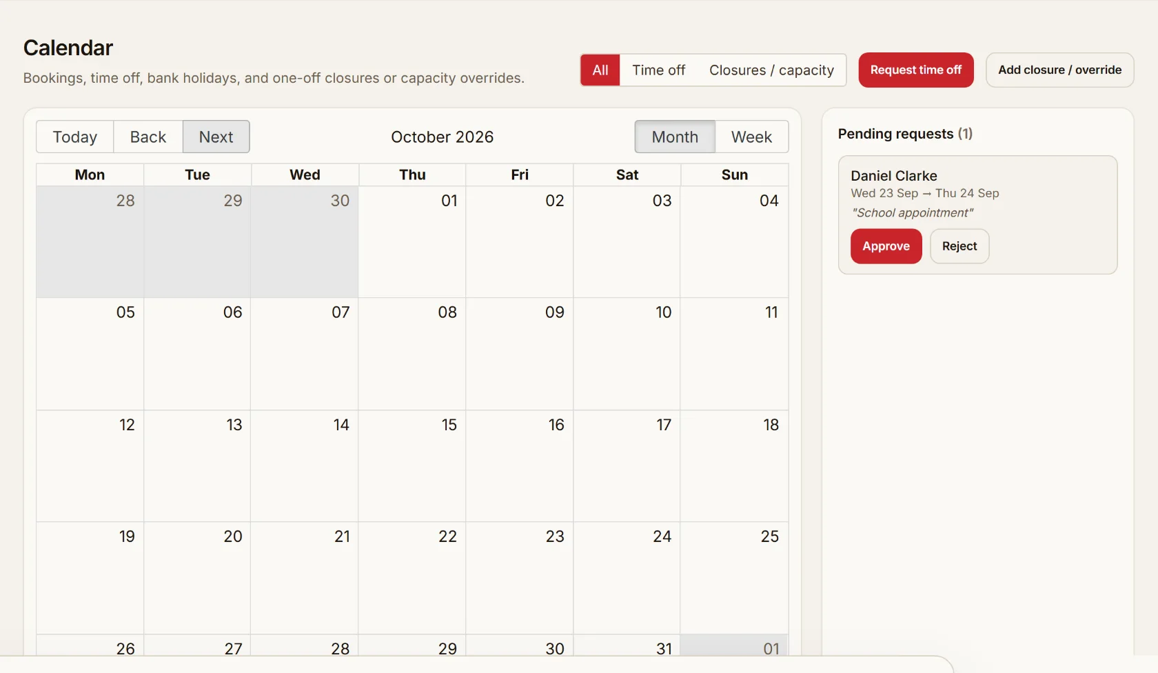 Calendar showing closures, capacity overrides, a bank holiday and a pending staff time-off request awaiting approval