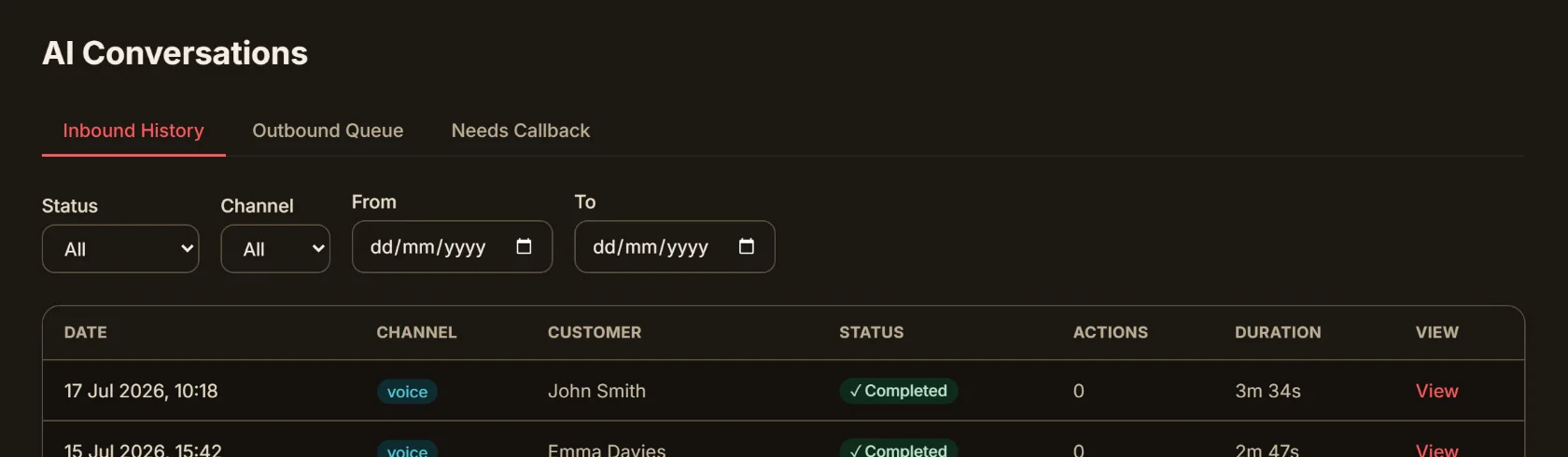Inbound call history showing completed and one escalated AI receptionist conversation