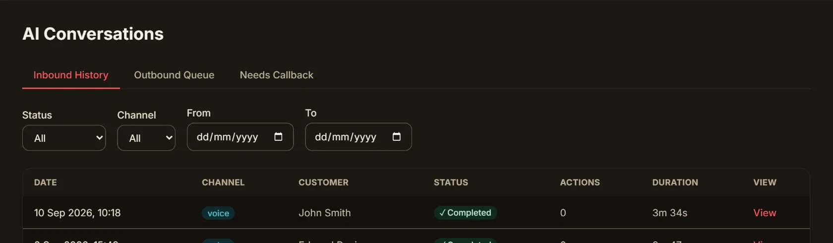 Inbound call history showing completed and one escalated AI receptionist conversation