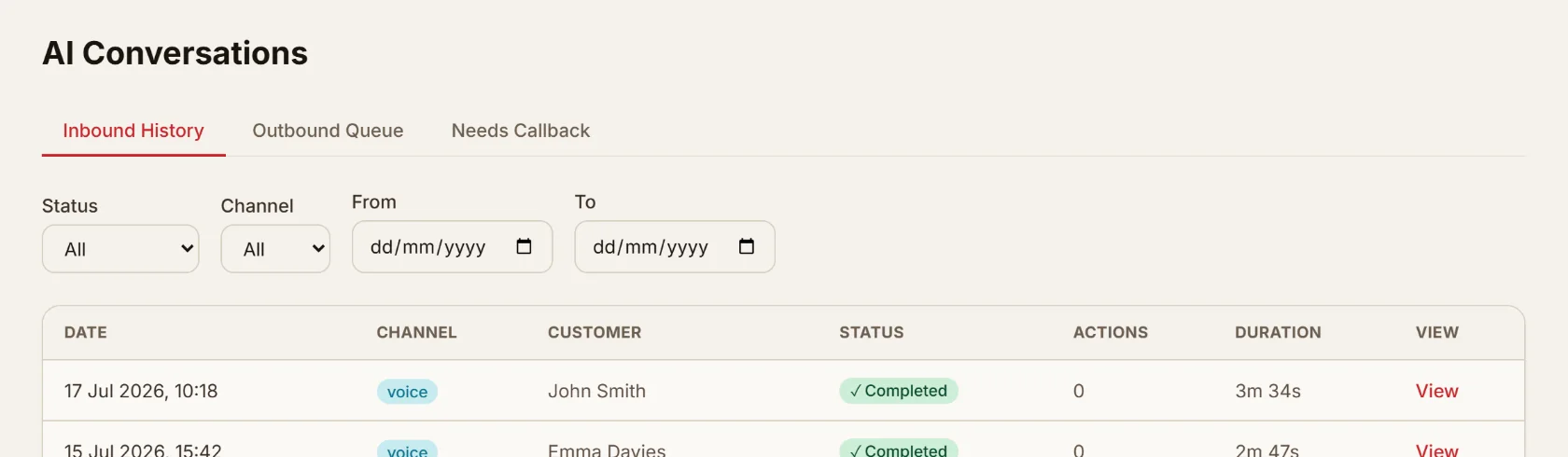Inbound call history showing completed and one escalated AI receptionist conversation