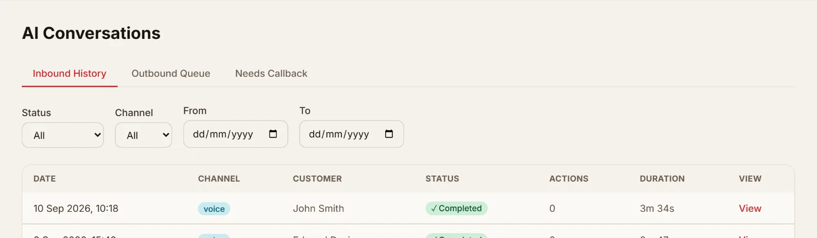 Inbound call history showing completed and one escalated AI receptionist conversation