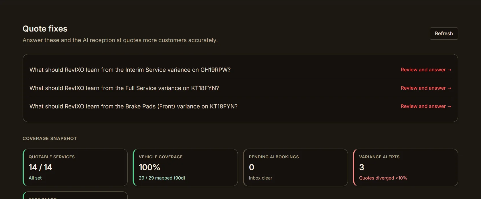 Quote coverage dashboard showing three variance alerts where a completed job's final bill diverged from the AI's quote, each with a factual explanation