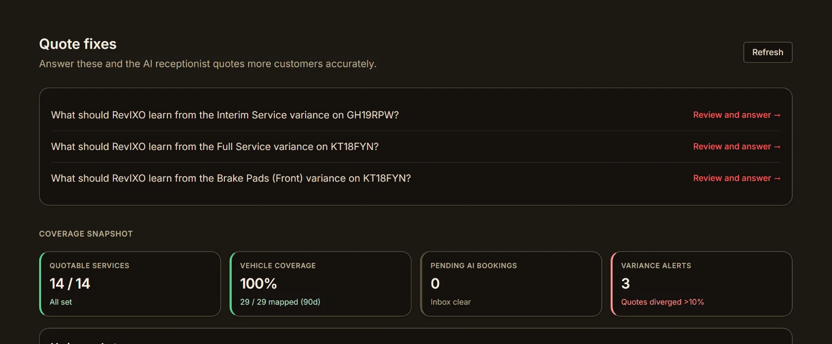Quote coverage dashboard showing three variance alerts where a completed job's final bill diverged from the AI's quote, each with a factual explanation