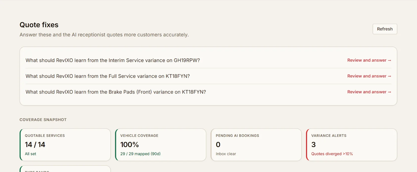 Quote coverage dashboard showing three variance alerts where a completed job's final bill diverged from the AI's quote, each with a factual explanation