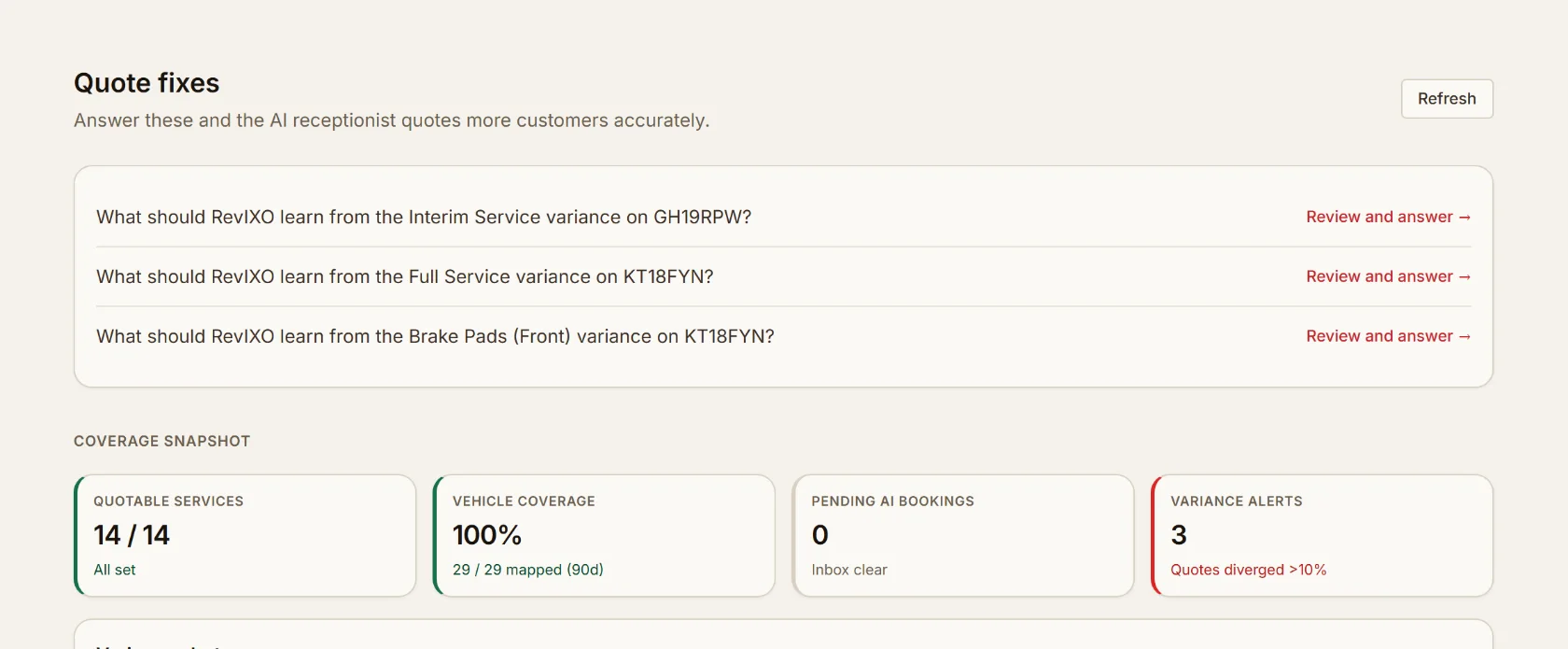 Quote coverage dashboard showing three variance alerts where a completed job's final bill diverged from the AI's quote, each with a factual explanation