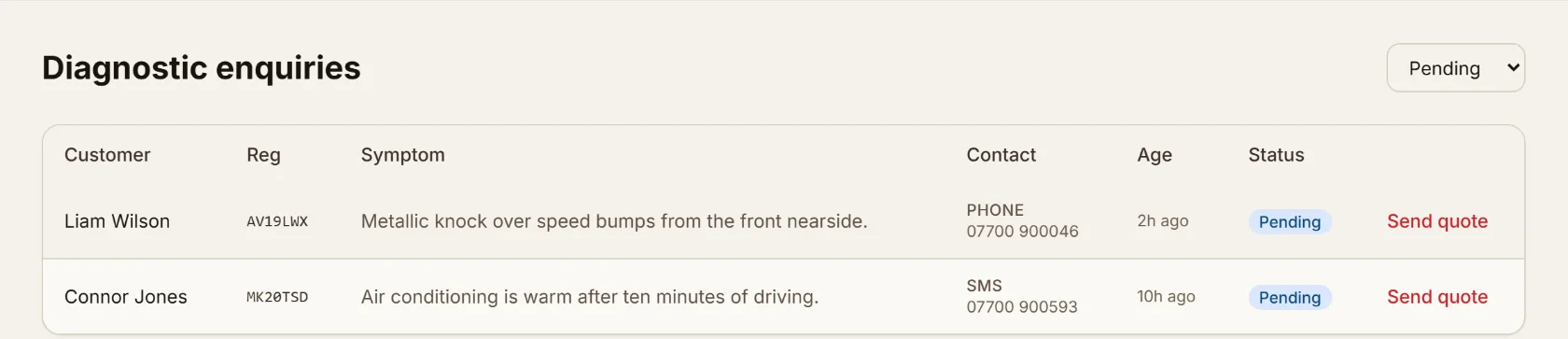 Diagnostic enquiries queue showing two symptoms the AI could not quote, routed to the garage for a human quote