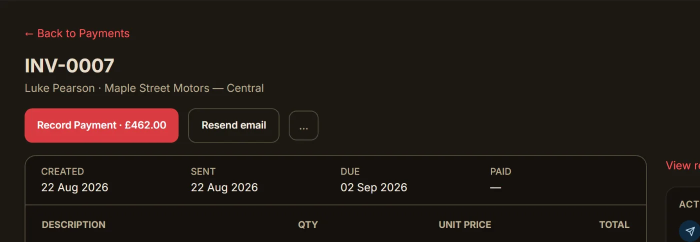 Invoice INV-0007 for a full service, £462.00 total, with a record-payment button and activity log