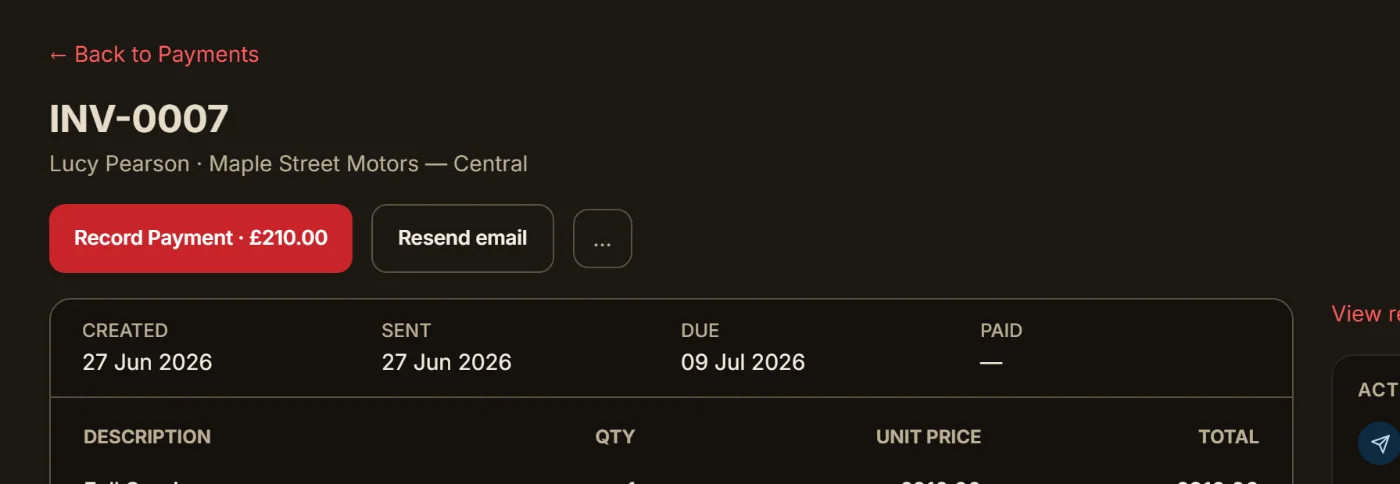 Invoice INV-0007 for a full service, £210.00 total, with a record-payment button and activity log