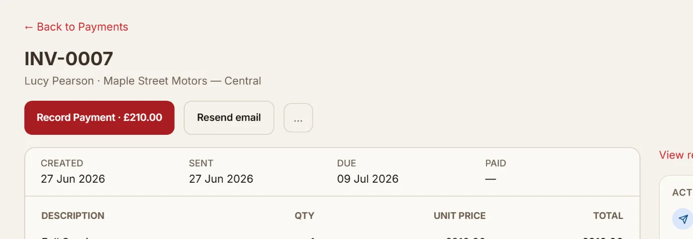 Invoice INV-0007 for a full service, £210.00 total, with a record-payment button and activity log