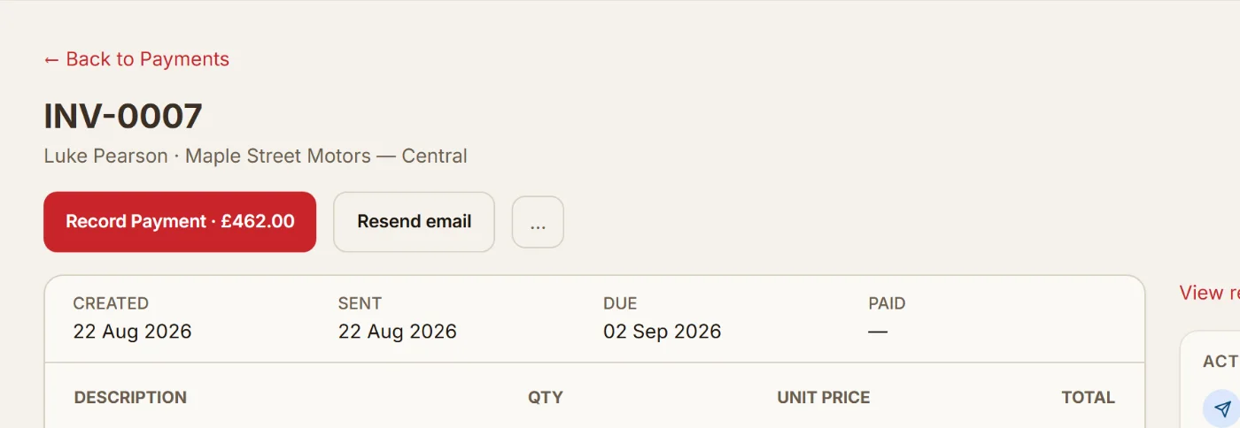 Invoice INV-0007 for a full service, £462.00 total, with a record-payment button and activity log