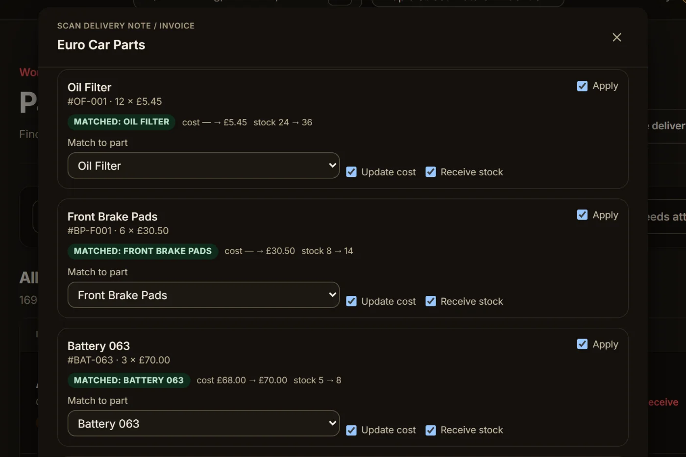 Supplier delivery note scan matched to four catalogue parts, with cost and stock updates awaiting confirmation