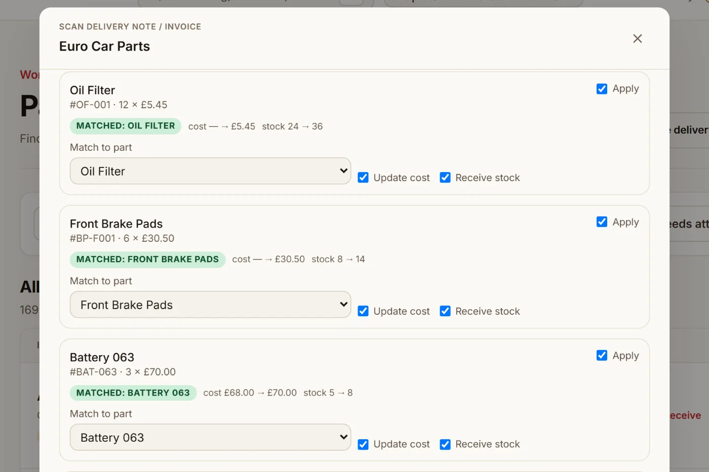 Supplier delivery note scan matched to four catalogue parts, with cost and stock updates awaiting confirmation