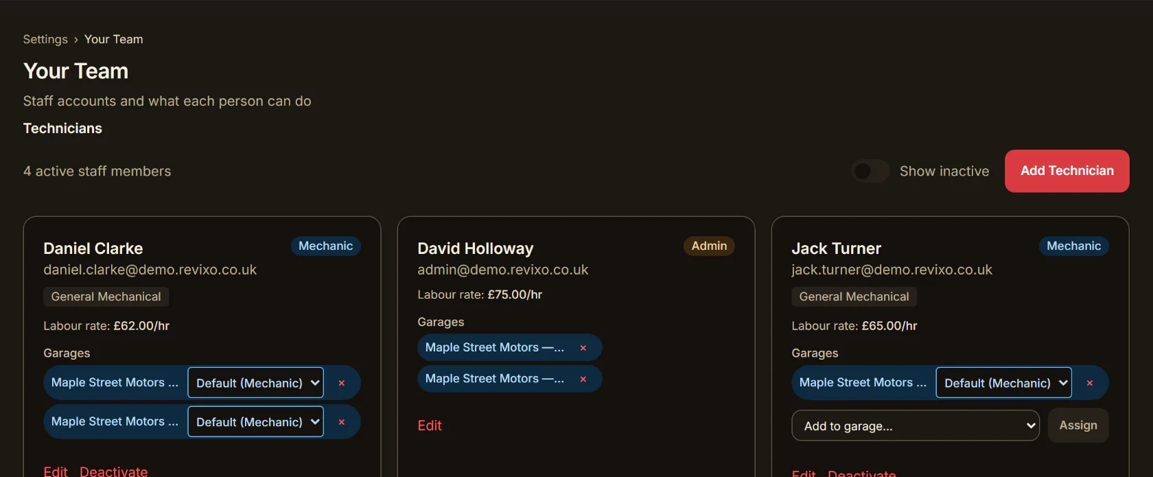 Team settings showing three technicians each with a role, a labour rate and their assigned garages