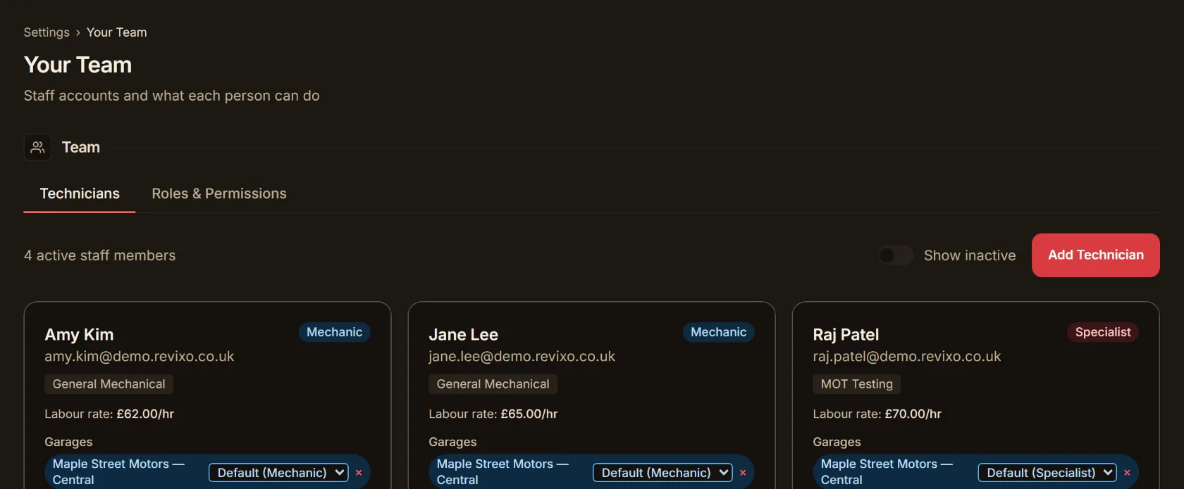 Team settings showing four staff members, each with a role, a labour rate and their assigned garages