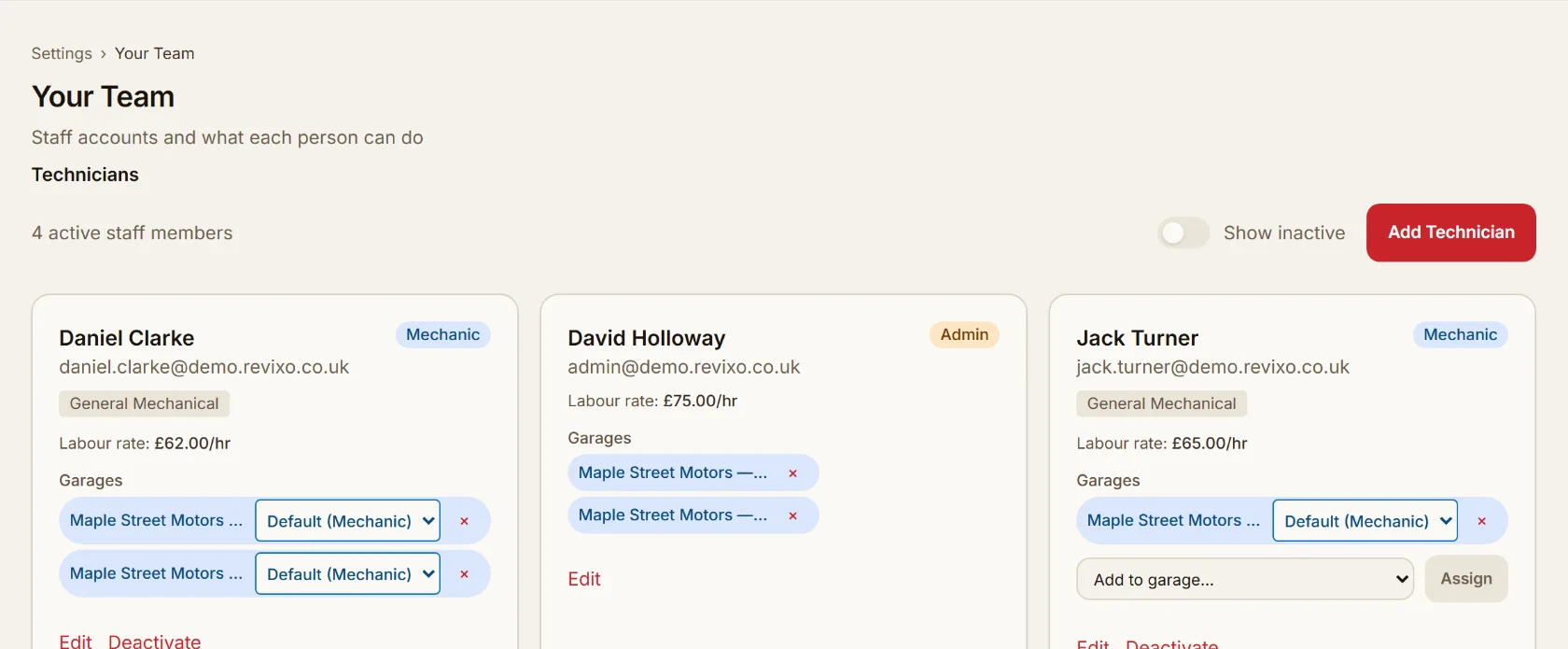 Team settings showing three technicians each with a role, a labour rate and their assigned garages