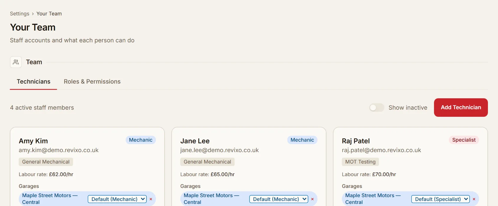 Team settings showing four staff members, each with a role, a labour rate and their assigned garages