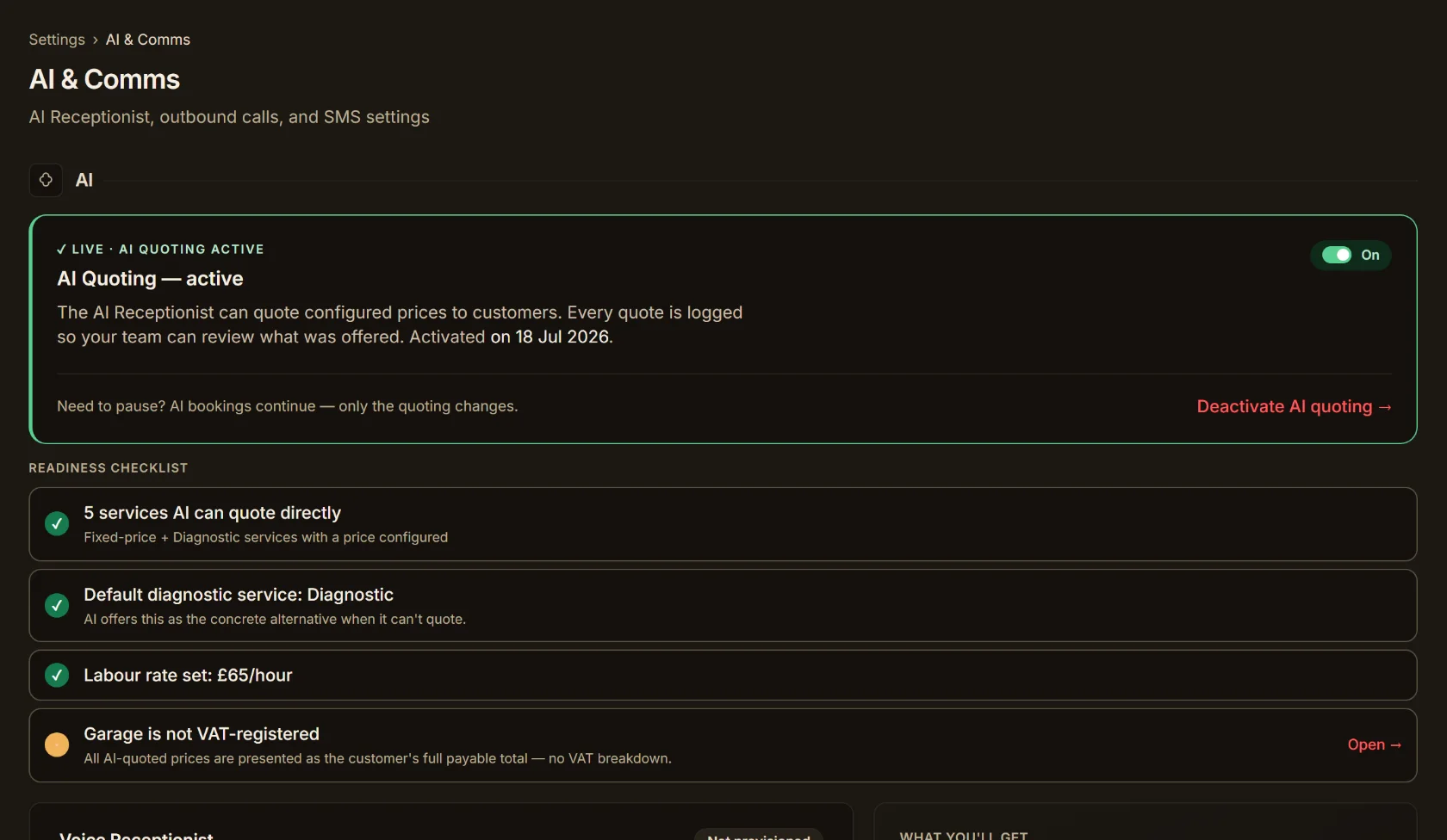 AI and Comms settings: AI Quoting active toggle, readiness checklist, and Voice Receptionist shown as an optional add-on not yet provisioned