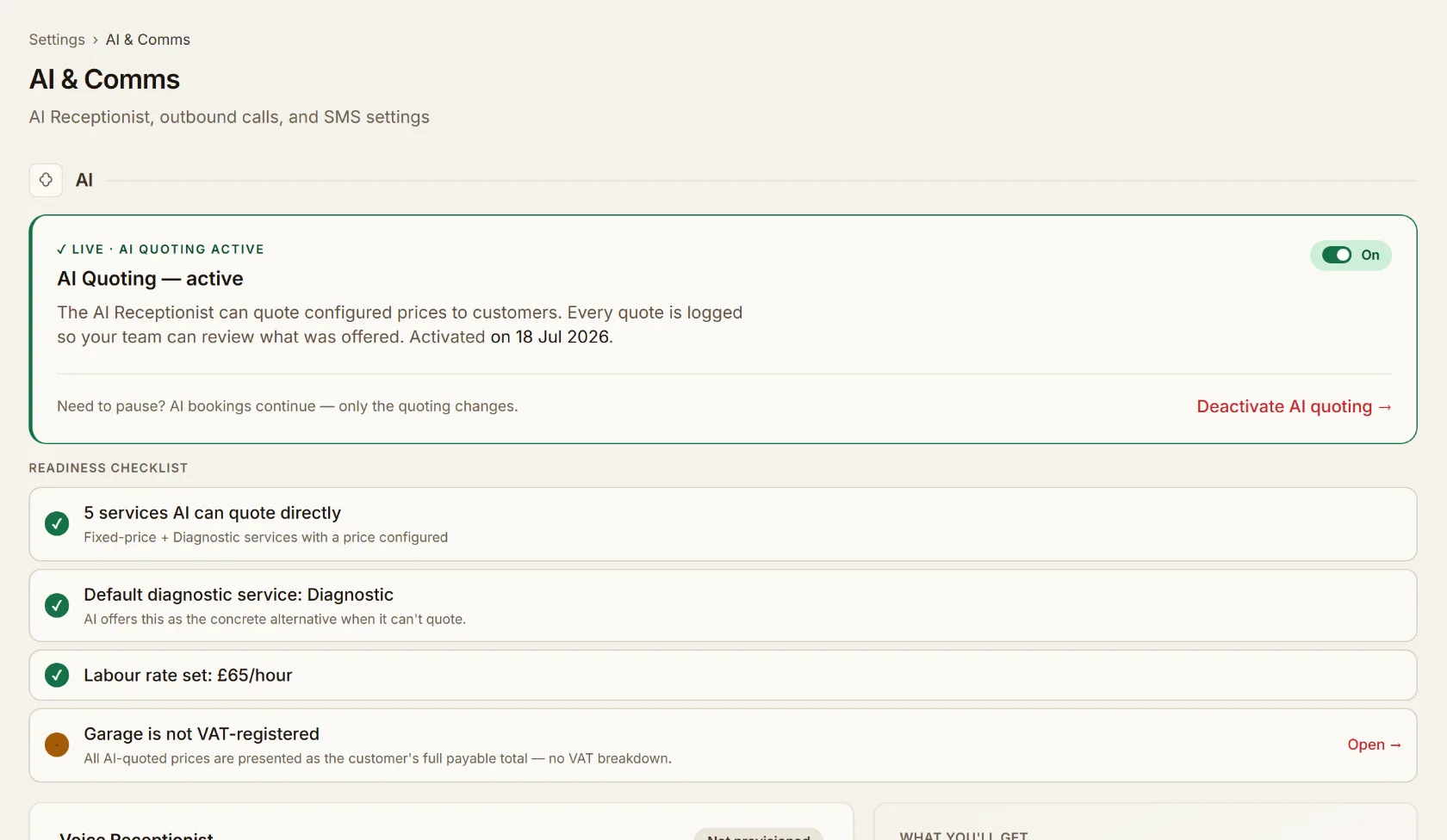 AI and Comms settings: AI Quoting active toggle, readiness checklist, and Voice Receptionist shown as an optional add-on not yet provisioned