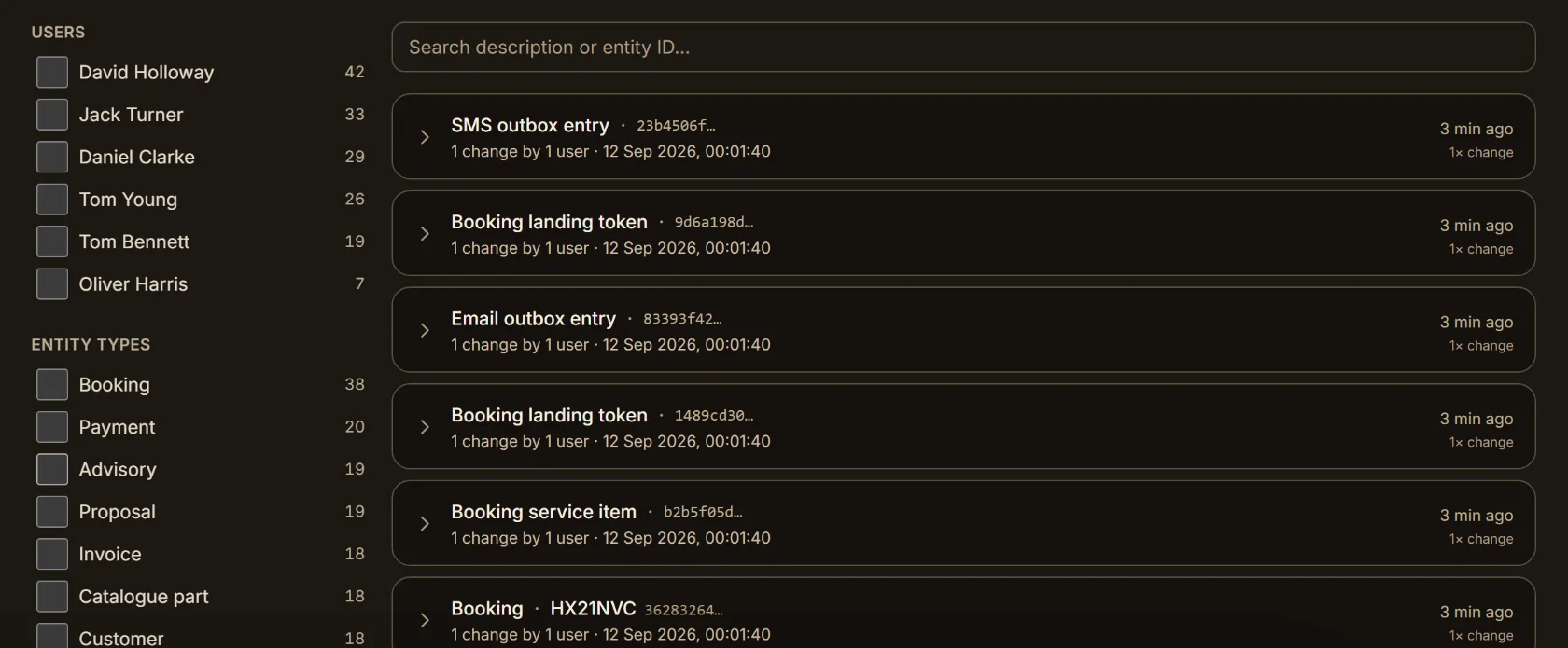 Audit log showing recorded product activity grouped by entity, filterable by user, type and action, with change counts and timestamps