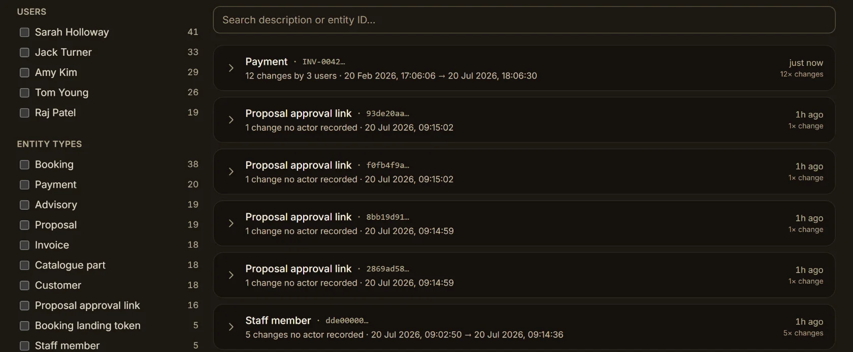 Audit log showing recorded product activity grouped by entity, filterable by user, type and action, with change counts and timestamps