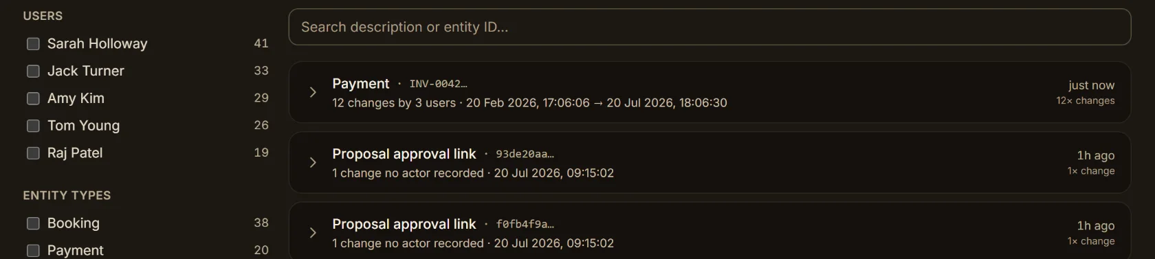 Audit log showing recorded product activity grouped by entity, filterable by user, type and action, with change counts and timestamps