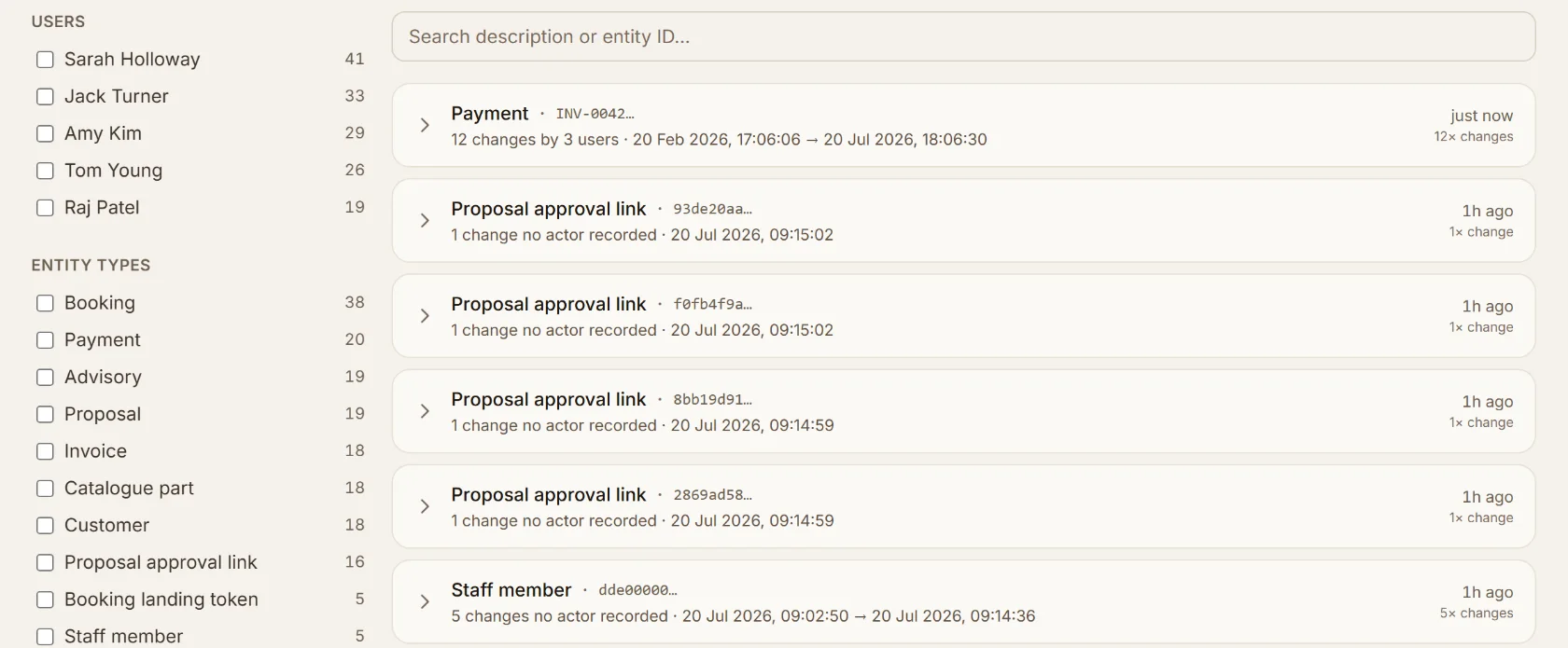 Audit log showing recorded product activity grouped by entity, filterable by user, type and action, with change counts and timestamps