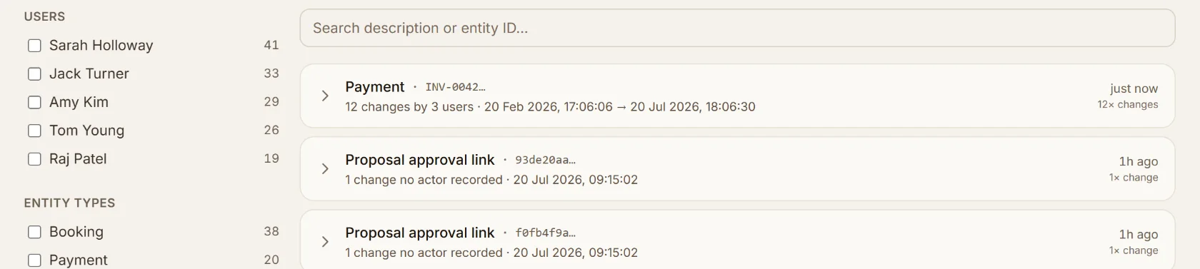 Audit log showing recorded product activity grouped by entity, filterable by user, type and action, with change counts and timestamps