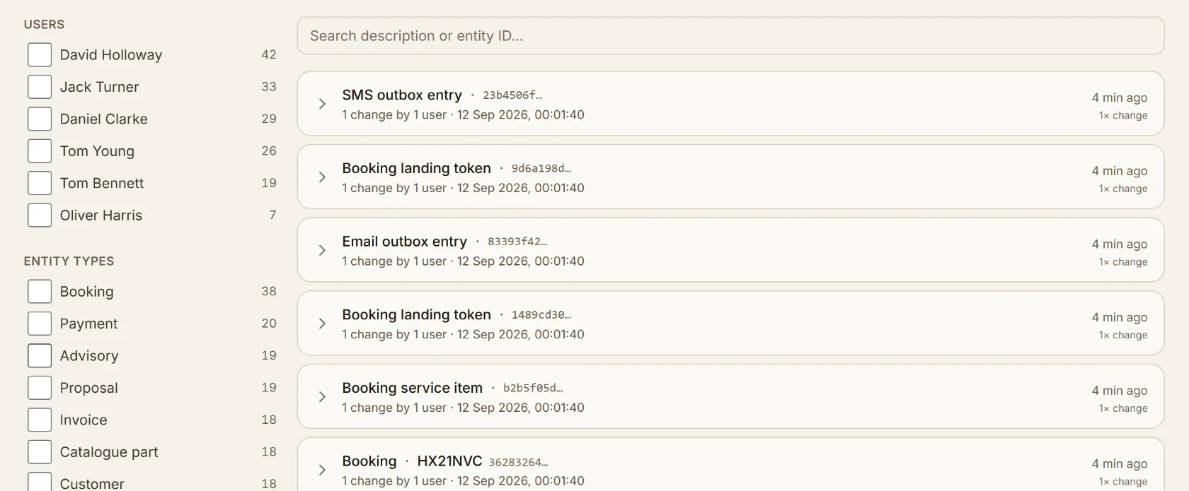 Audit log showing recorded product activity grouped by entity, filterable by user, type and action, with change counts and timestamps
