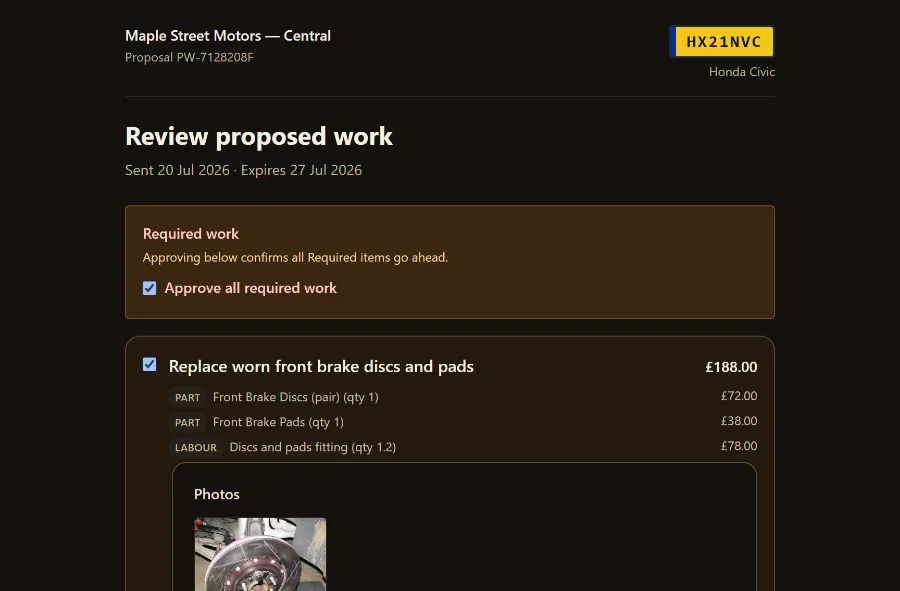 Customer approval link for a Honda Civic: front brake discs and pads required at £188.00, battery replacement after a failed cold-start test optional at £104.50, unticked