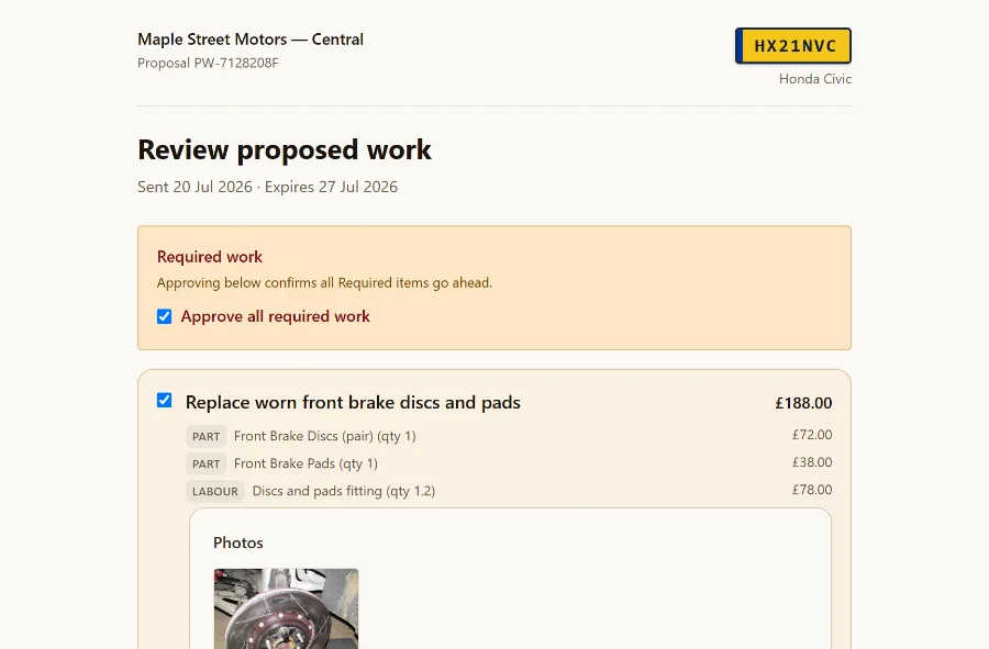 Customer approval link for a Honda Civic: front brake discs and pads required at £188.00, battery replacement after a failed cold-start test optional at £104.50, unticked
